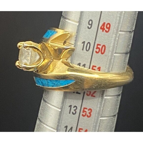 Vtg 'Ring 92 SW CZ Solitaire Yellow Gold Plated Wrap Crushed Turquoise Size 5.5 - Picture 11 of 14